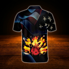 Custom American Flag Flame Bowling Polo Shirts For Men, Custom Patriotic Bowling Shirts