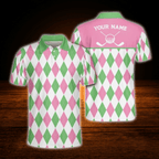Personalized Golf Pattern Pink And Green Polo Golf Shirts For Men, Custom Golf Shirts