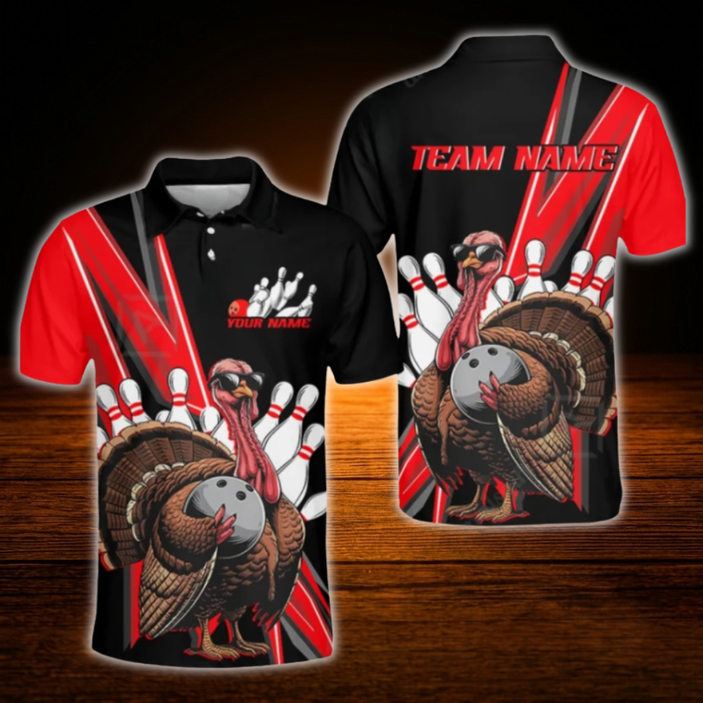 Custom Turkey Orange Black Bowling Polo Shirts Mens, Custom Thanksgiving Bowling Team Shirts