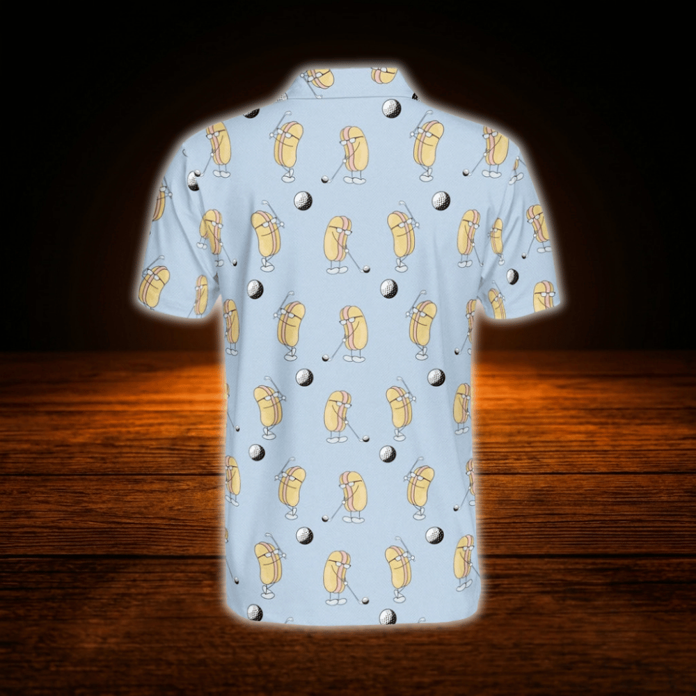 Funny Hot Dog Men's Light Blue Golf Polo Shirt, Hot Dog Golf Shirt