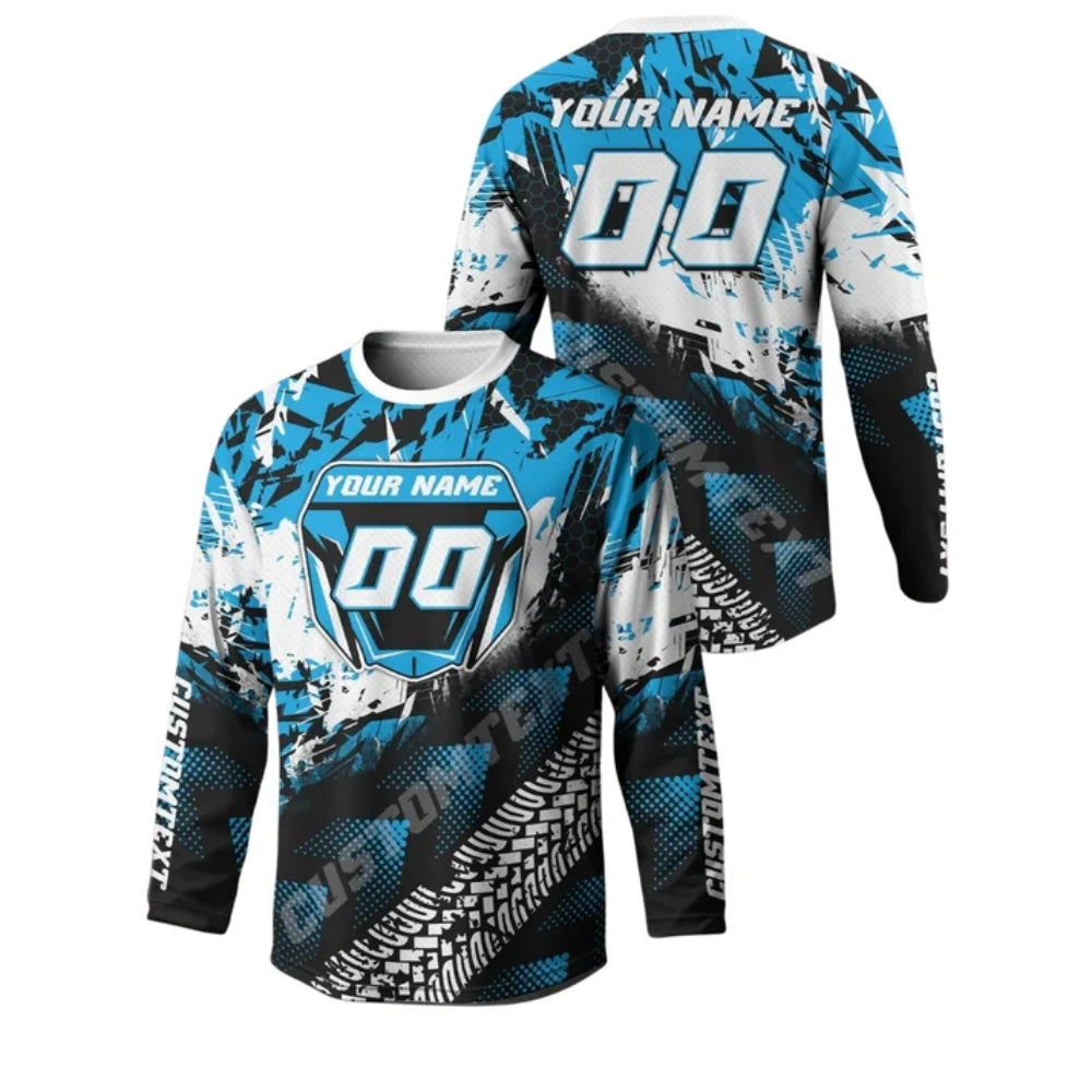 Custom Blue And White Motocross Long Sleeve Shirt For Men, Custom Motocross Shirts ME0002