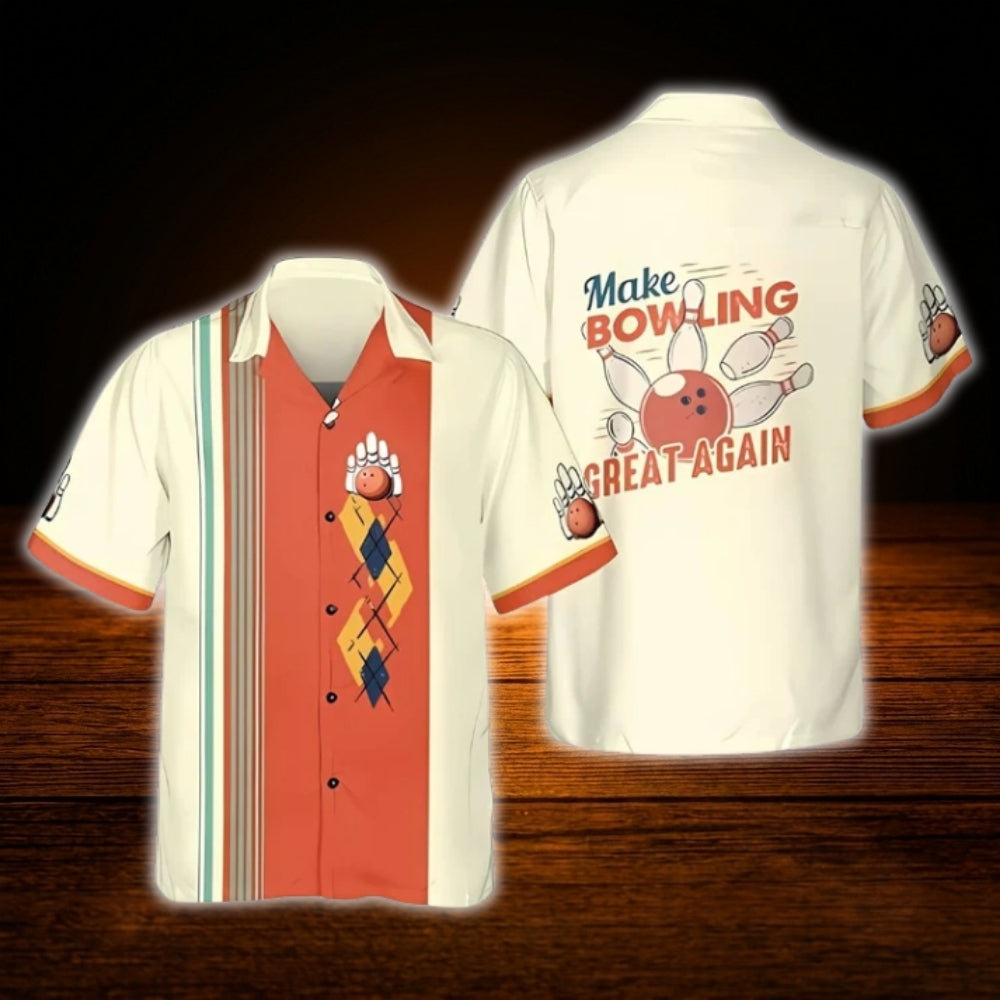 Make Bowling Great Again Bowling Hawaiian Shirt Beige Orange, Funny Bowling Shirt