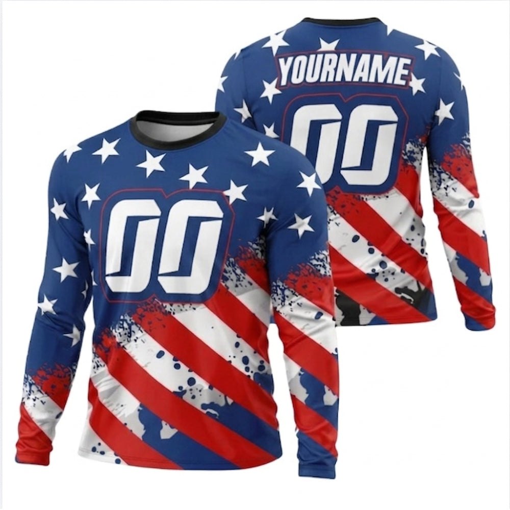 Custom American Flag Dirt Bike Long Sleeve Jersey Mens, Custom Patriotic Motocross Dirt Bike Shirts ME0021