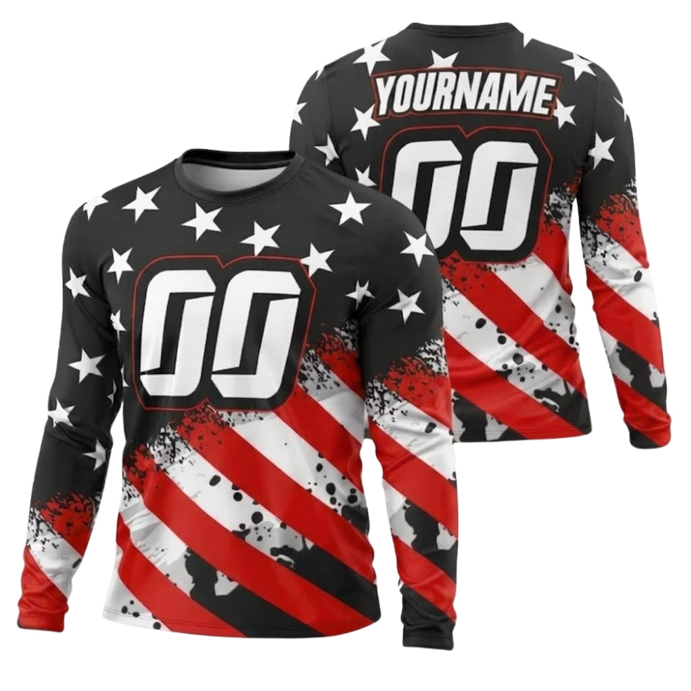 Custom American Flag Dirt Bike Long Sleeve Jersey Mens, Custom Patriotic Motocross Dirt Bike Shirts ME0021
