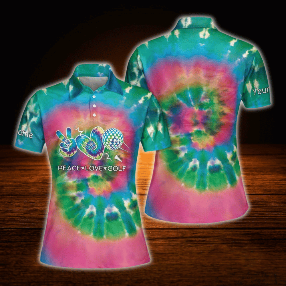 Peace Love Golf Custom Colorful Tie Dye Golf Polo Shirt For Women, Custom Tie Dye Golf Shirts For Ladies
