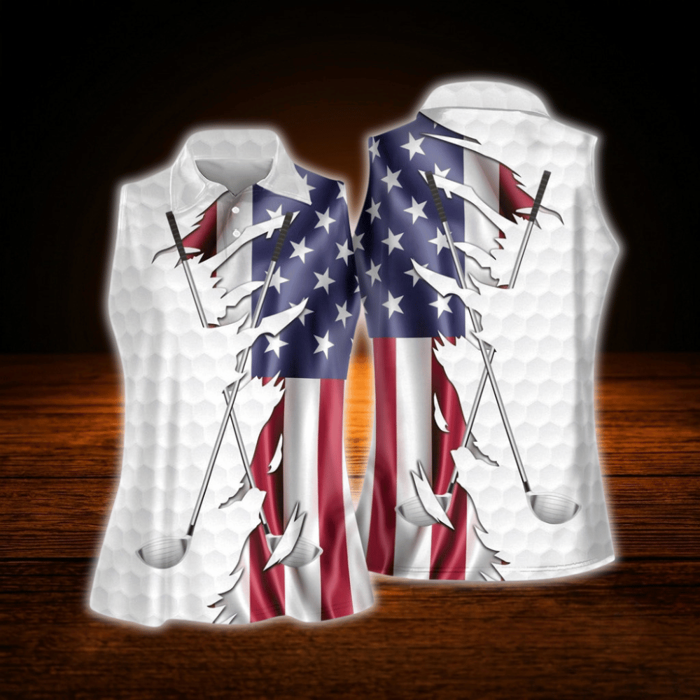 American Flag Ladies Golf Sleeveless Shirts, Patriotic Golf Shirts For Ladies