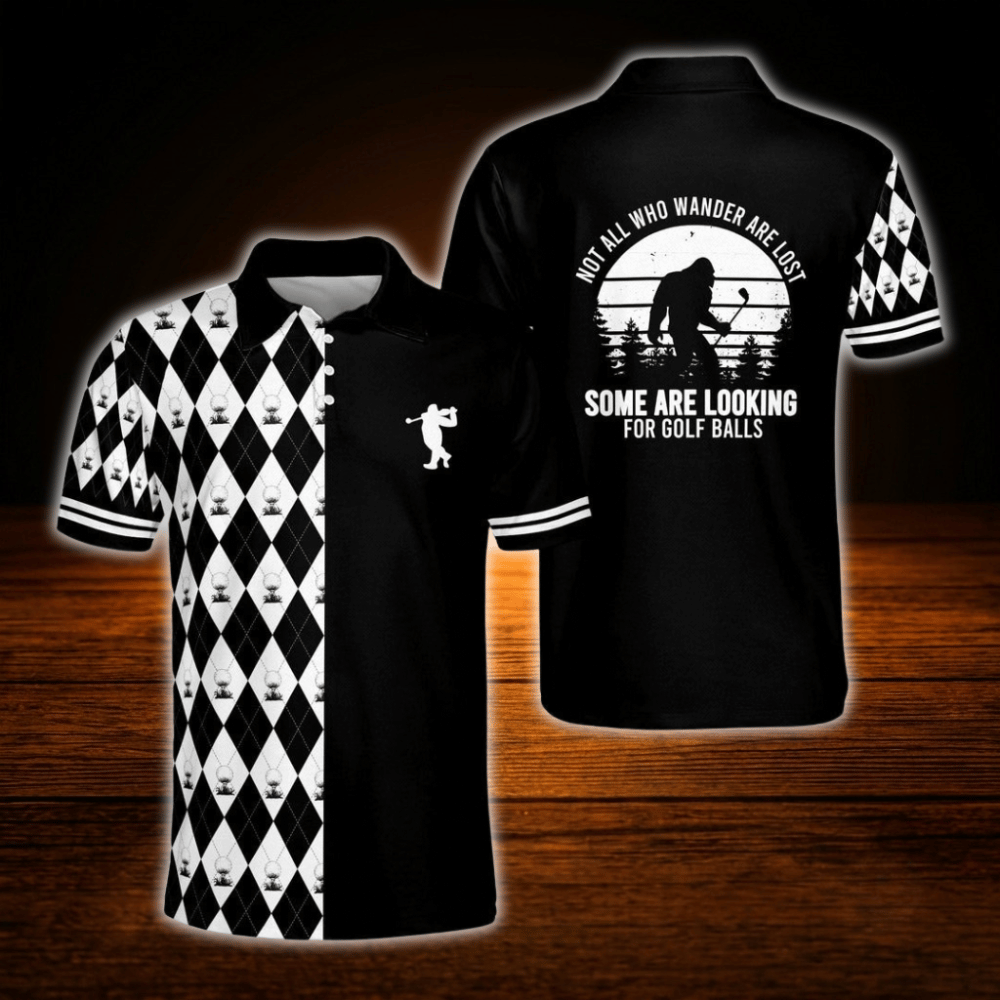 Not All Who Wander Are Lost Some Are Looking For Golf Balls Argyle Bigfoot Men's Golf Polo Shirt, Bigfoot Golf Shirt