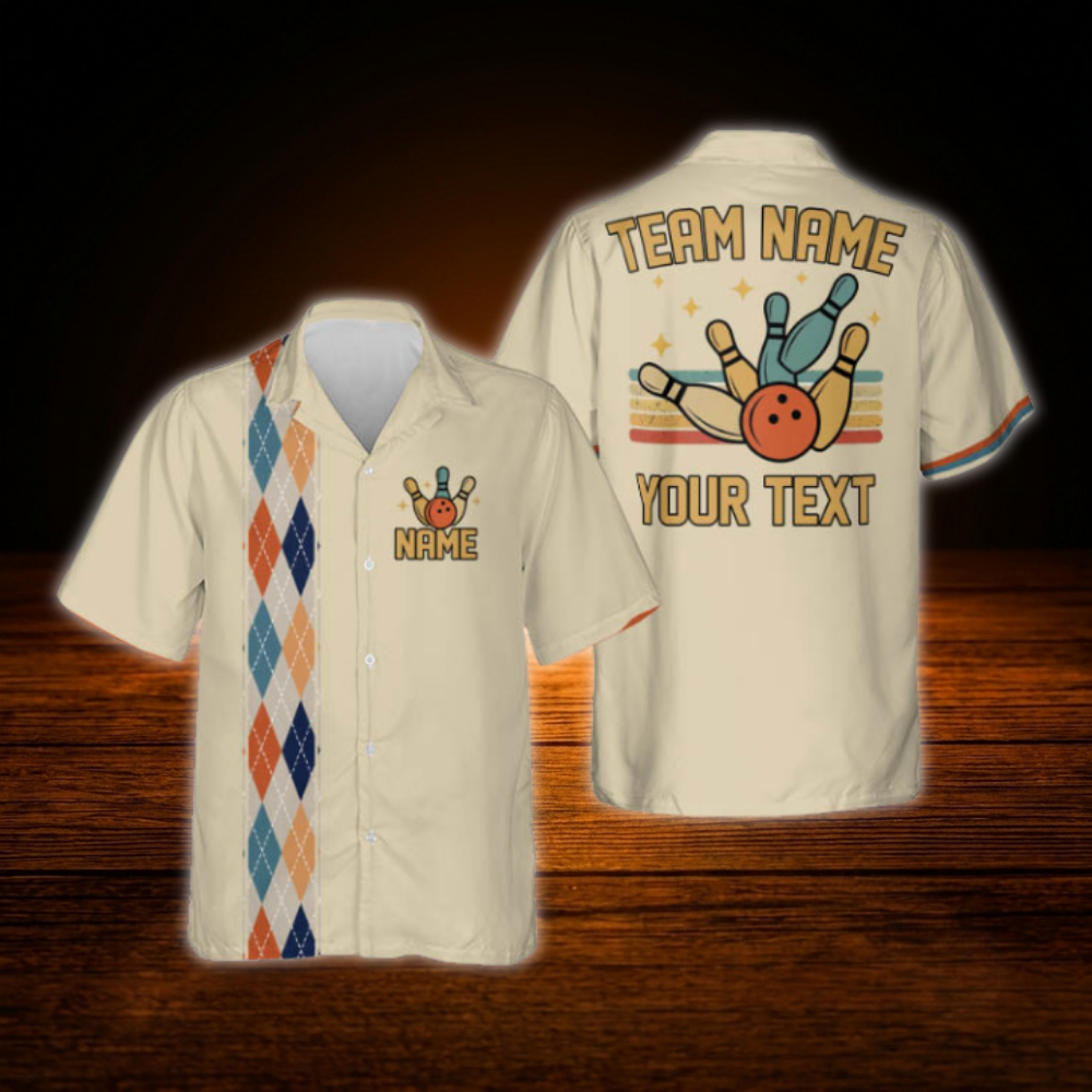 Custom Retro Argyle Men's Beige Bowling Hawaiian Shirt, Custom Retro Bowling Team Shirts