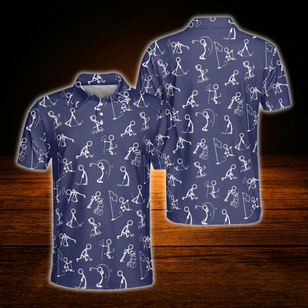 Stickfigures Mens Navy Blue Golf Polo Shirt, Funny Golf Shirt
