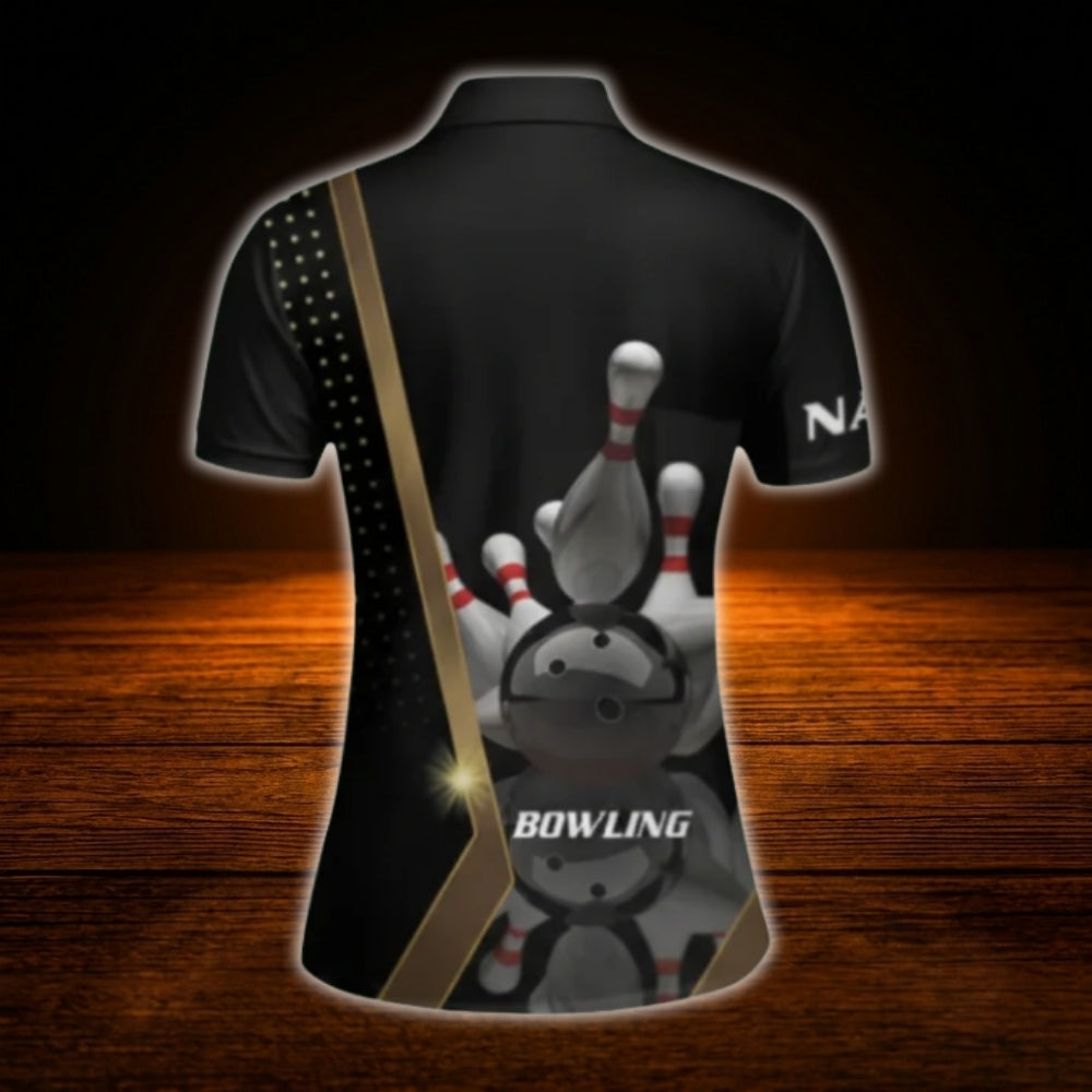 Custom Name Black Gold Womens Bowling Polo Shirt, Personalized Bowling Shirt For Women