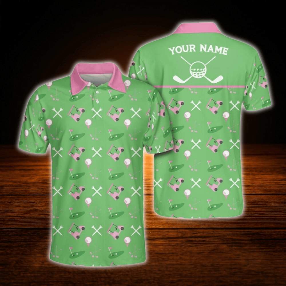 Personalized Golf Pattern Pink And Green Polo Golf Shirts For Men, Custom Golf Shirts