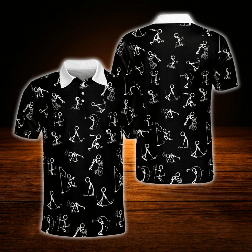 Black Stickfigures Mens Golf Polo Shirts, Funny Golf Shirts