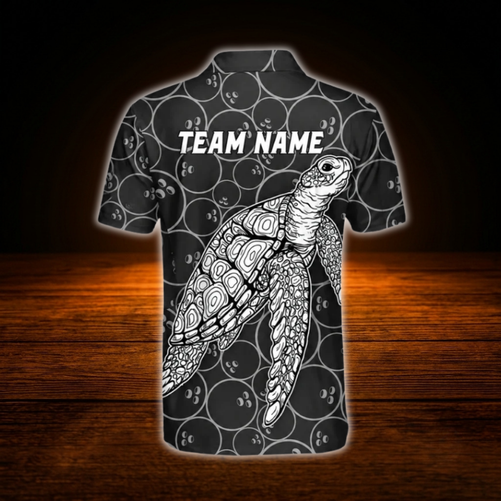 Custom Turtle Black Bowling Polo Men's Shirts, Custom Turtle Bowling Team Shirts