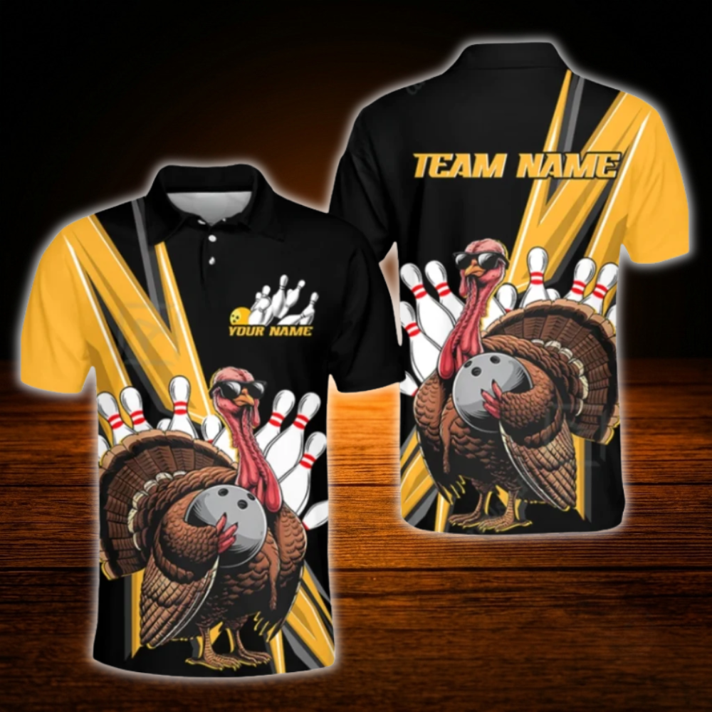 Custom Turkey Orange Black Bowling Polo Shirts Mens, Custom Thanksgiving Bowling Team Shirts