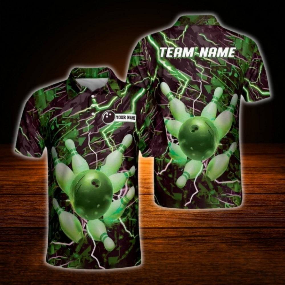 Thunder Lightning Custom Purple Black Bowling Men Polo Shirt, Custom Thunder Bowling Team Shirt