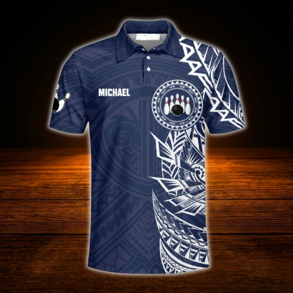 Custom Tribal Blue White Bowling Polo Shirts For Men, Custom Tribal Bowling Team Shirts