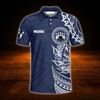 Custom Tribal Blue White Bowling Polo Shirts For Men, Custom Tribal Bowling Team Shirts