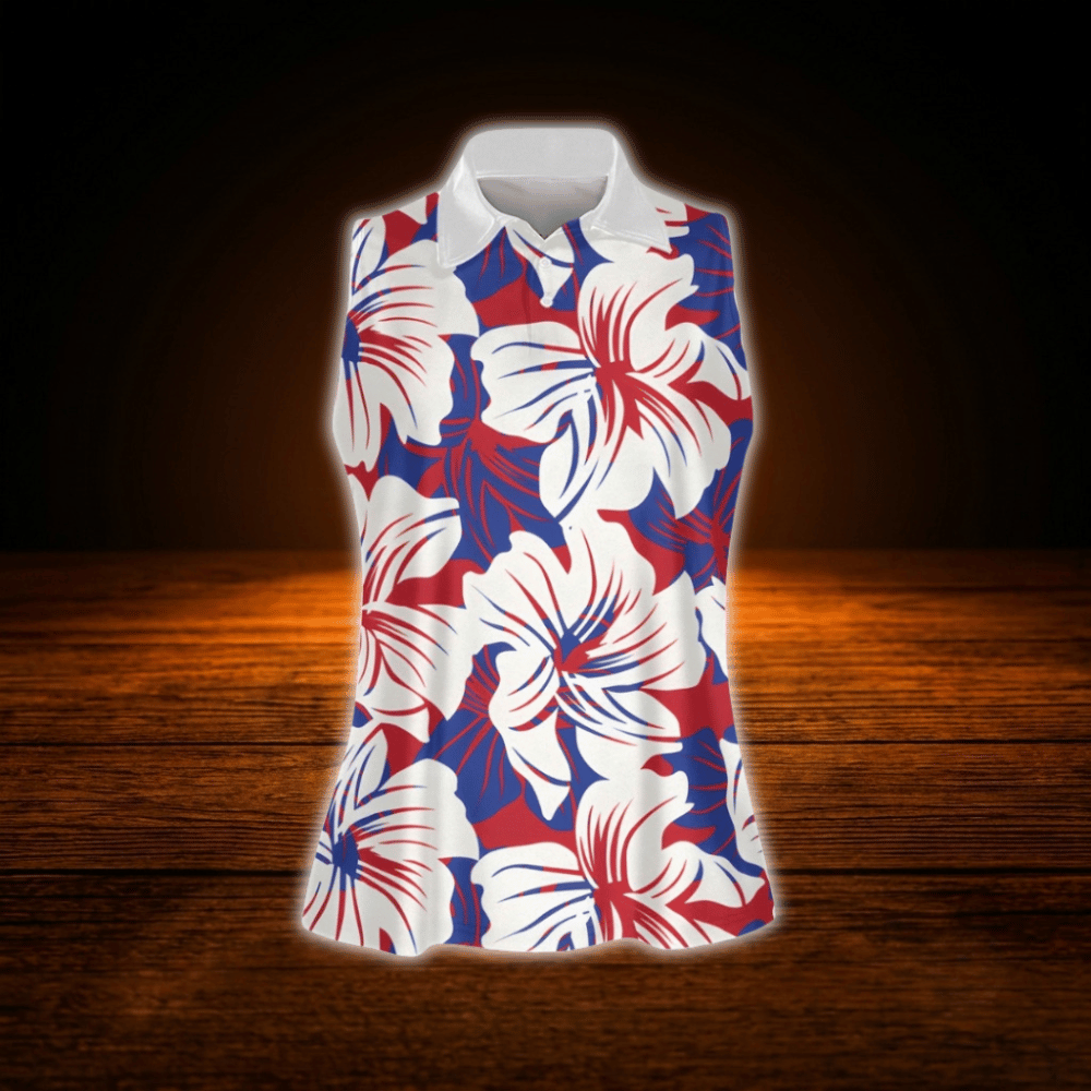 Red White And Blue Hibiscus Sleeveless Golf Shirt For Women, Floral 4th Of July Golf Shirt For Women