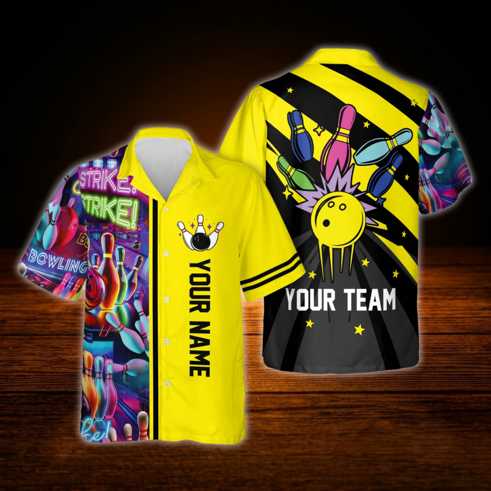 Custom Retro Blue Men's Bowling Hawaiian Shirt, Custom Retro Bowling Team Shirt