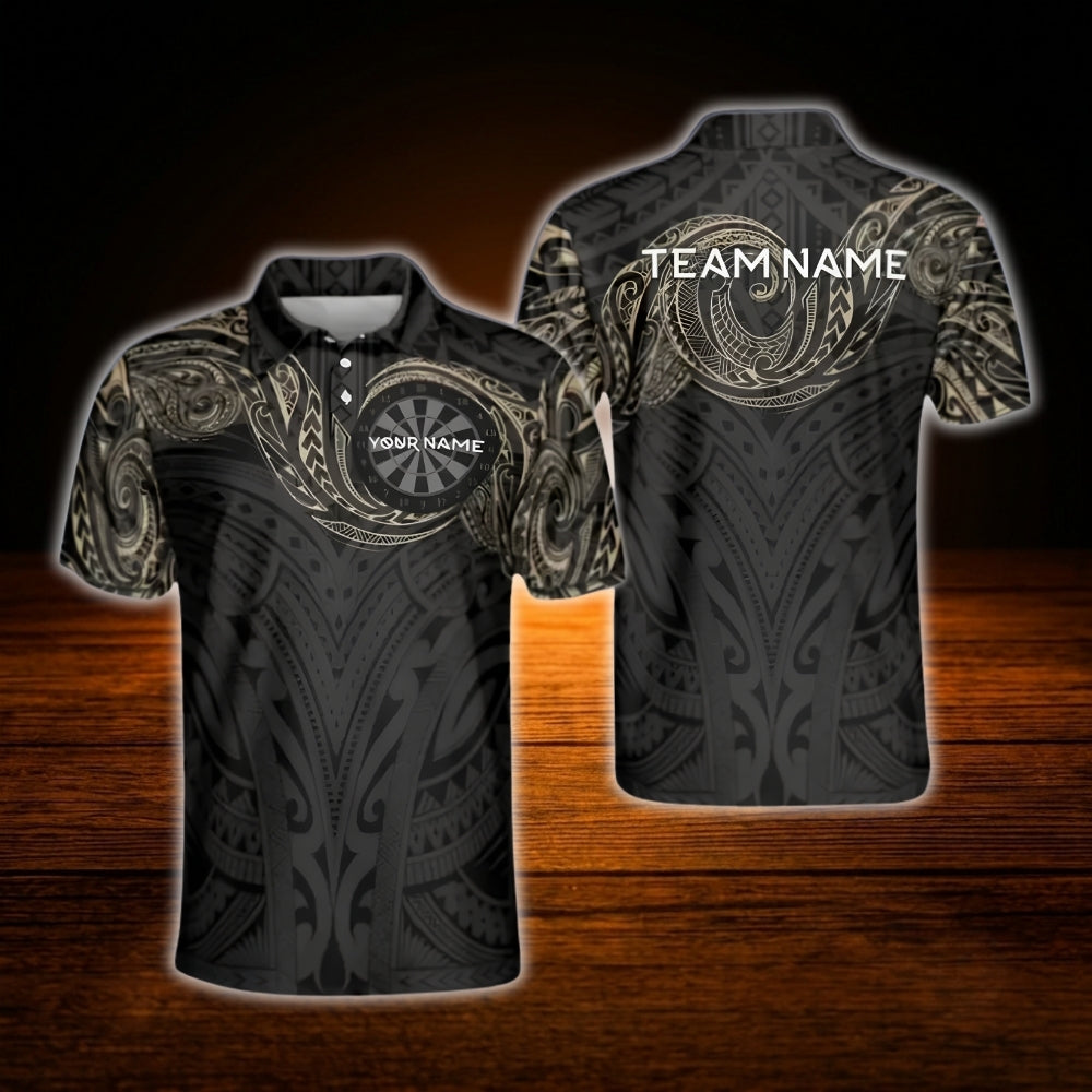 Men's Custom Tribal Black Beige Dart Polo Shirt, Custom Tribal Dart Team Shirt