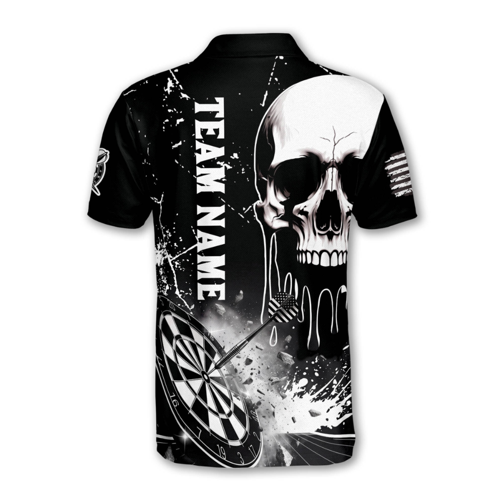 Custom Skull Black And White Mens Dart Polo Shirt, Personalized Skeleton Dart Team Shirt
