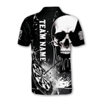 Custom Skull Black And White Mens Dart Polo Shirt, Personalized Skeleton Dart Team Shirt