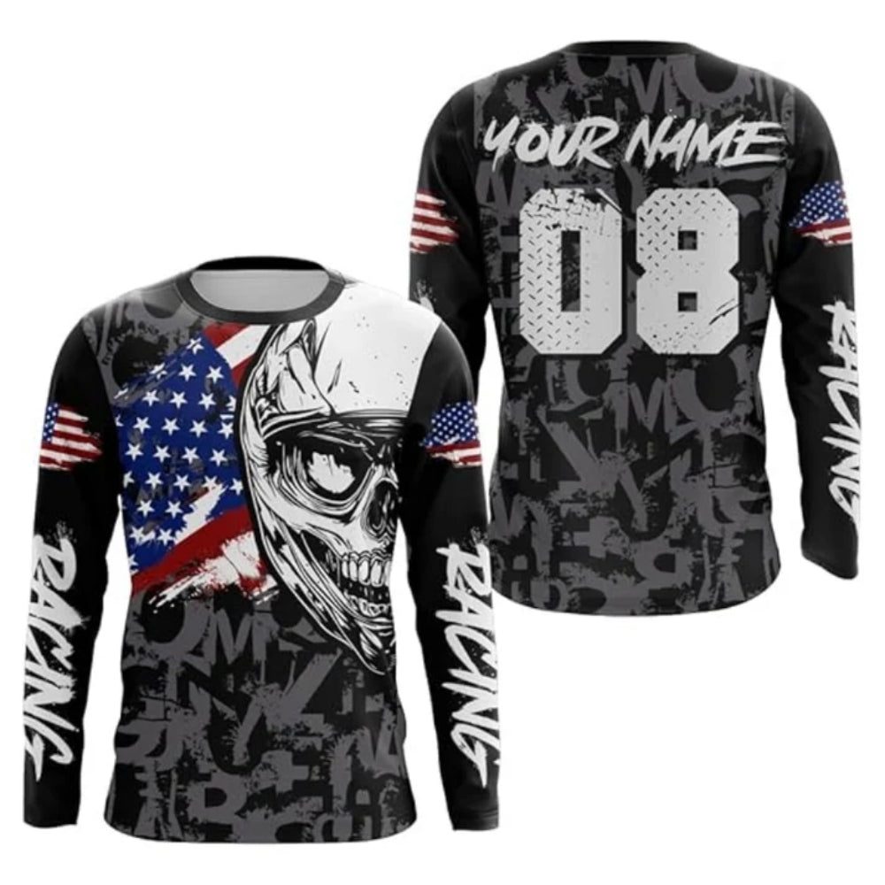 Custom Skull Motocross Long Sleeve Jersey For Men, Custom Skull American Flag Dirt Bike Shirts MZ0003