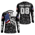 Custom Skull Motocross Long Sleeve Jersey For Men, Custom Skull American Flag Dirt Bike Shirts MZ0003