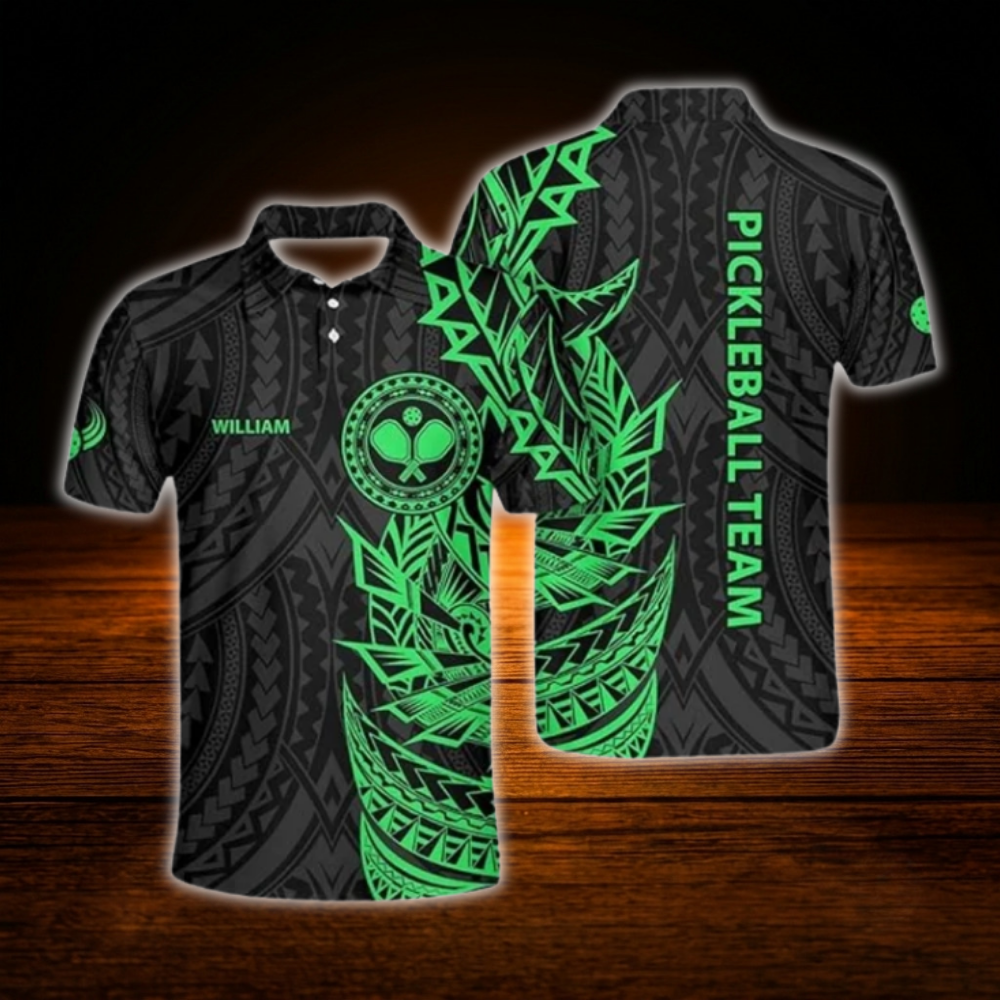 Green Black Custom Tribal Pickleball Men's Polo Shirt, Custom Tribal Pickleball Team Shirt