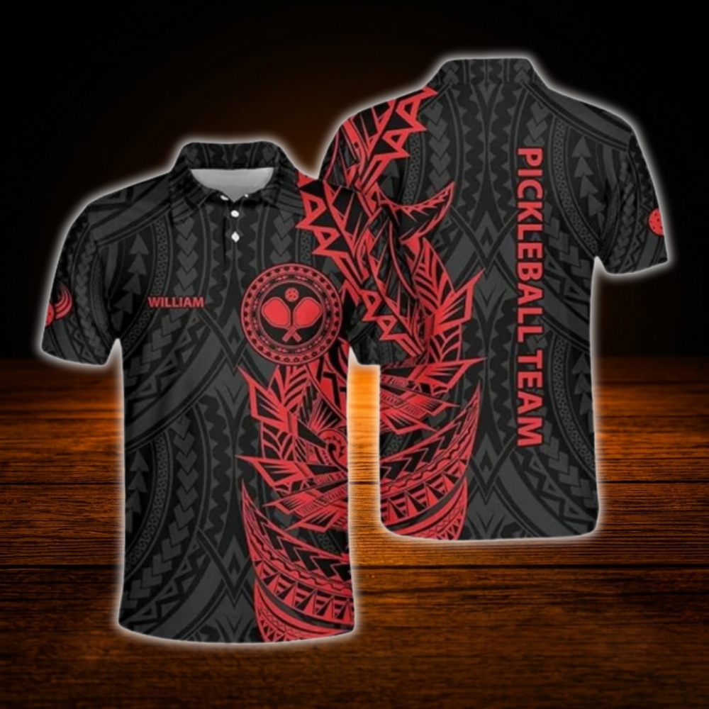 Green Black Custom Tribal Pickleball Men's Polo Shirt, Custom Tribal Pickleball Team Shirt