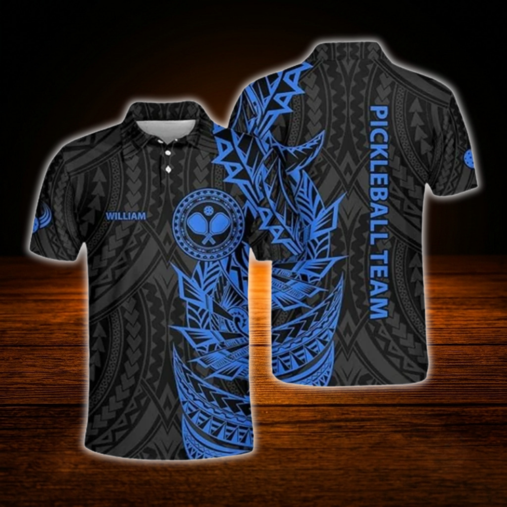 Green Black Custom Tribal Pickleball Men's Polo Shirt, Custom Tribal Pickleball Team Shirt