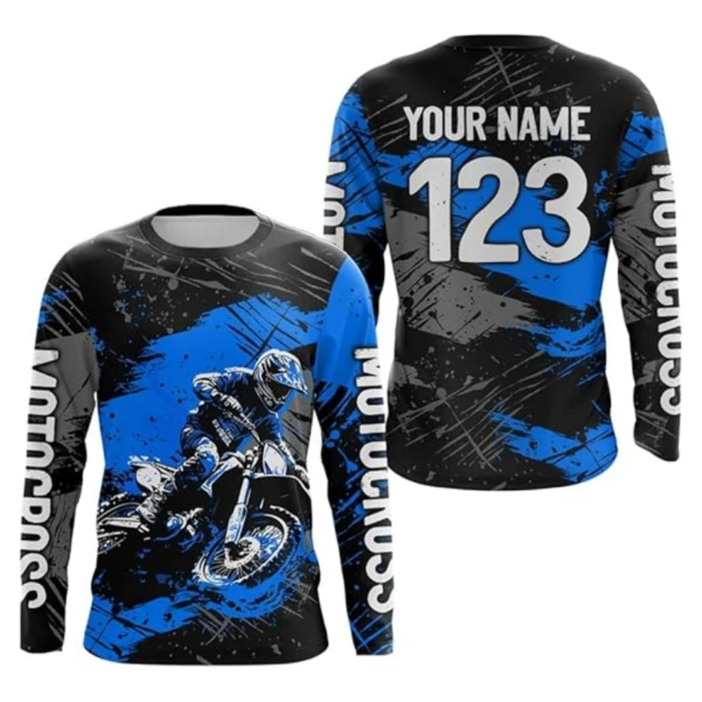 Custom Motocross Racing Black And Blue Long Sleeve Jersey For Men, Custom Dirt Motocross Shirts MZ0004