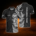 Green Black Custom Tribal Pickleball Men's Polo Shirt, Custom Tribal Pickleball Team Shirt