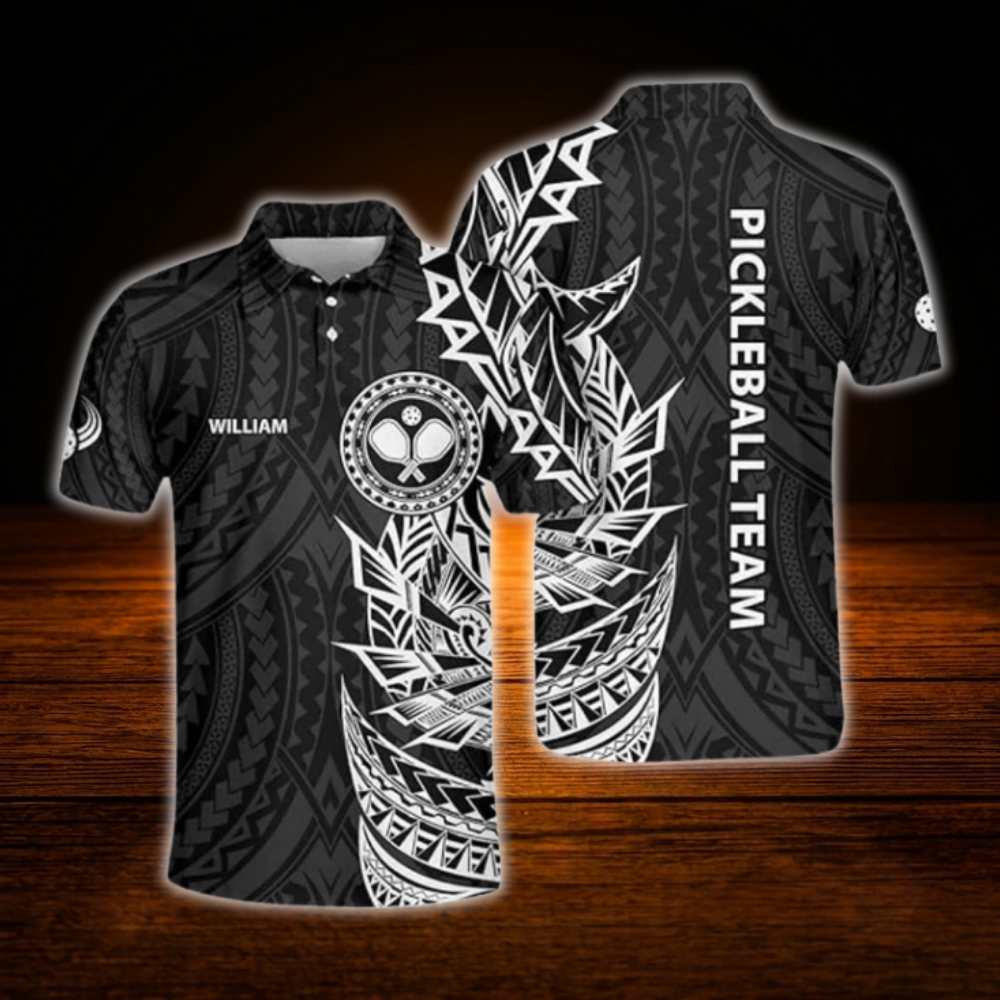 Green Black Custom Tribal Pickleball Men's Polo Shirt, Custom Tribal Pickleball Team Shirt