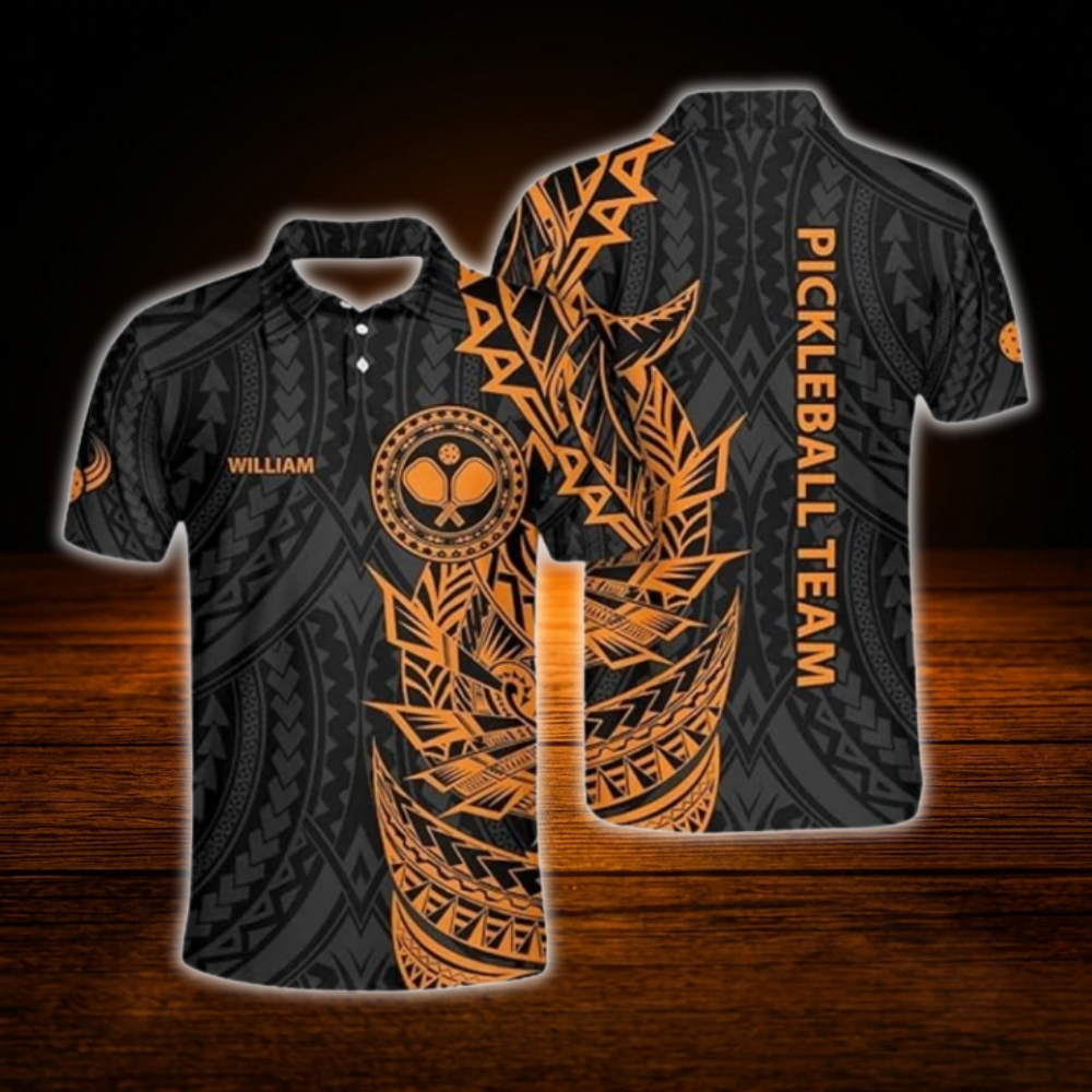 Green Black Custom Tribal Pickleball Men's Polo Shirt, Custom Tribal Pickleball Team Shirt