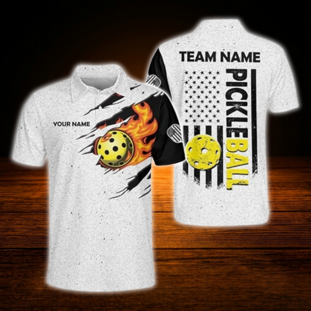 Custom USA Flag Fire Ball Pickleball Polo Shirt For Men, Custom Patriotic Pickleball Team Shirt