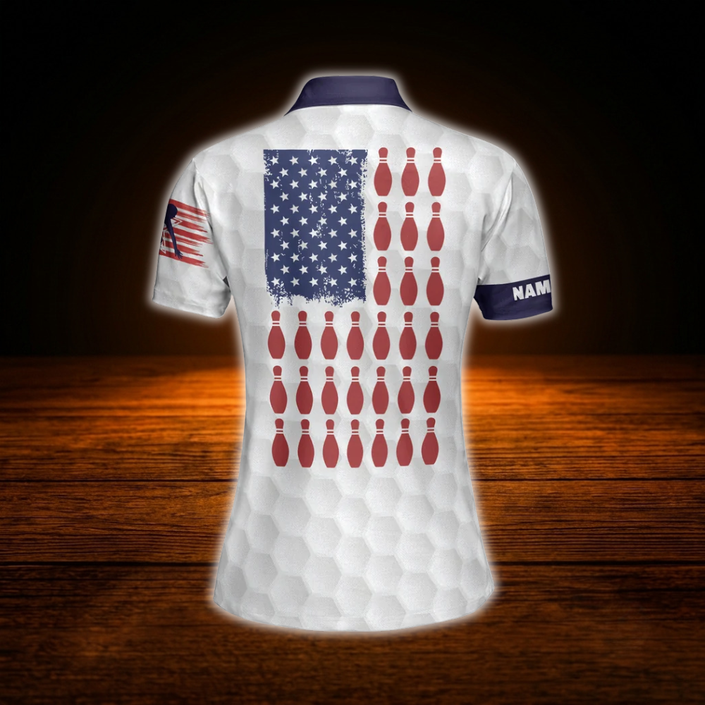 Custom American Flag Bowling Polo Shirts For Women, Custom Patriotic Women Bowling Shirt