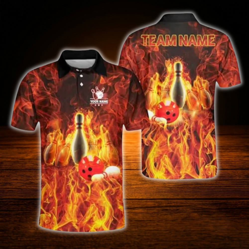 Custom Fire Pins And Ball Bowling Polo Shirt For Men, Custom Flame Bowling Team Shirt