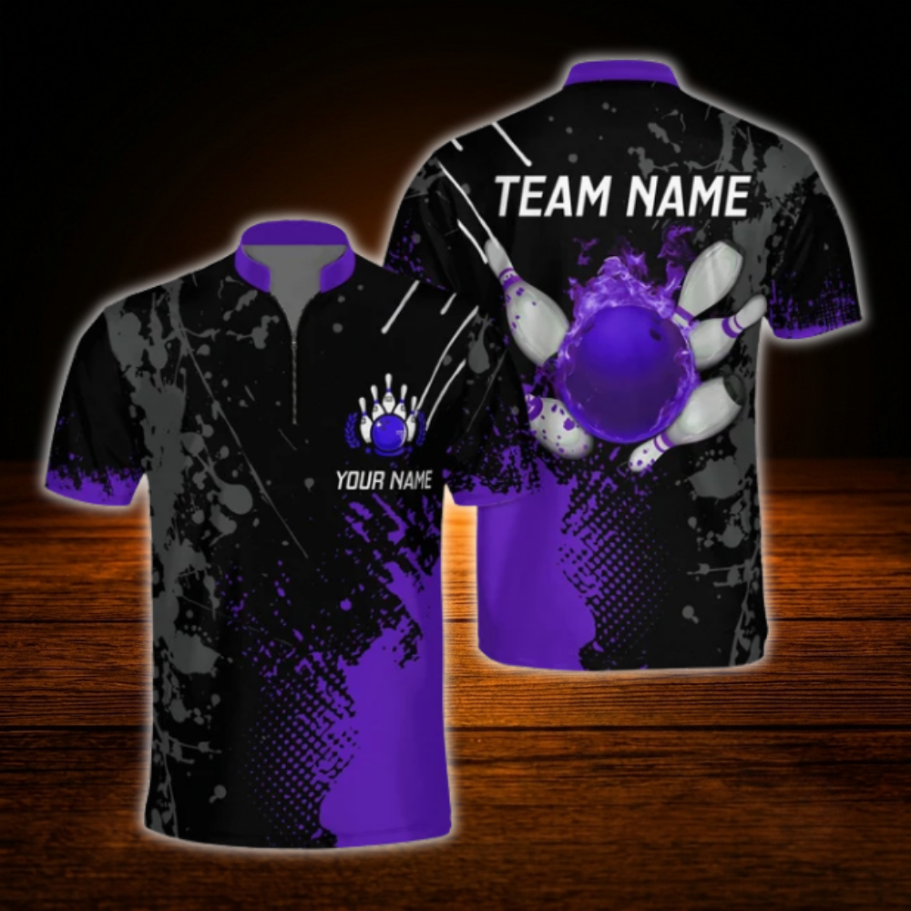 Custom Flame Purple Black Bowling Jersey For Men, Custom Flame Bowling Team Shirt