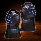 Neon American Flag Women's Sleeveless Golf Shirt, 4th Of July Patriotic Golf Shirt For Ladies