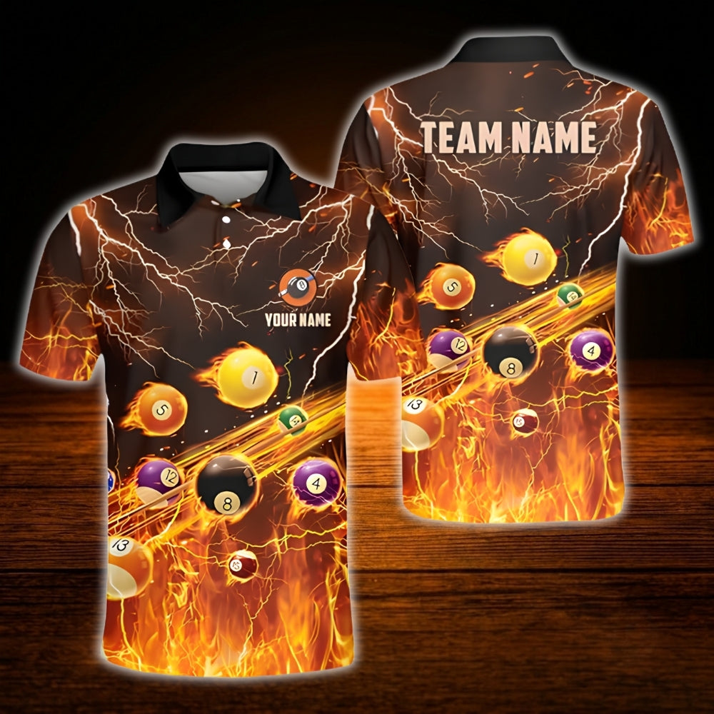 Men's Custom Flame Ball Billiard Polo Shirt, Custom Flame Biliard Shirt Team