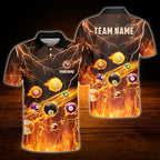 Men's Custom Flame Ball Billiard Polo Shirt, Custom Flame Biliard Shirt Team