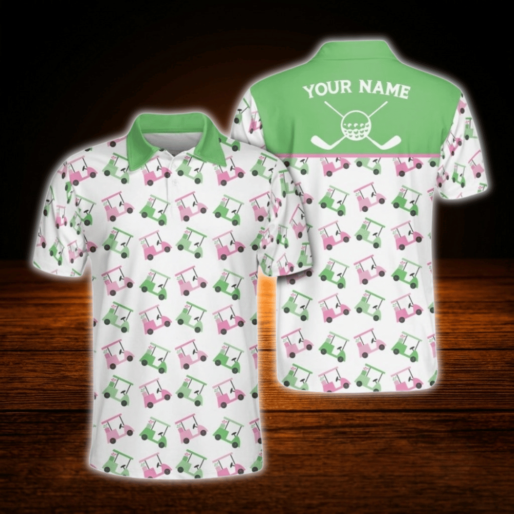Personalized Golf Pattern Pink And Green Polo Golf Shirts For Men, Custom Golf Shirts