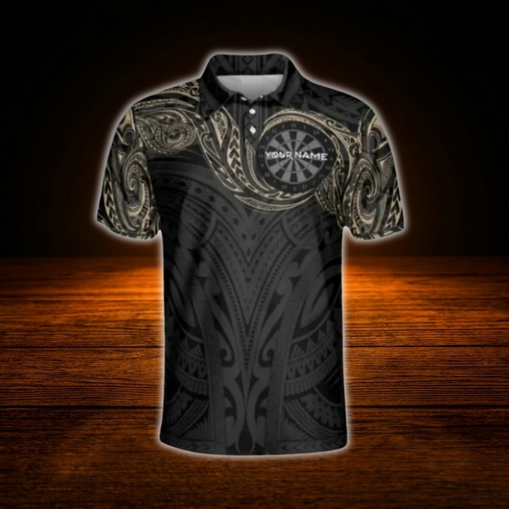 Men's Custom Tribal Black Beige Dart Polo Shirt, Custom Tribal Dart Team Shirt