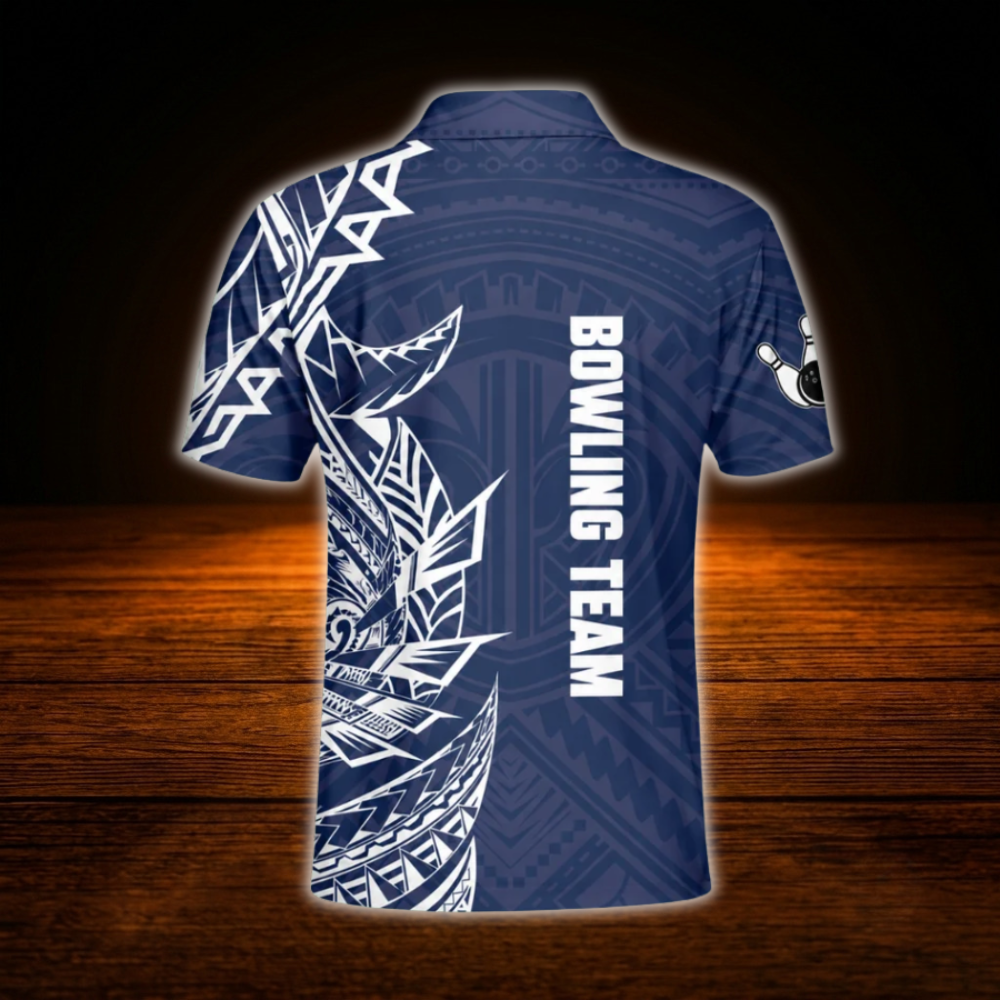 Custom Tribal Blue White Bowling Polo Shirts For Men, Custom Tribal Bowling Team Shirts