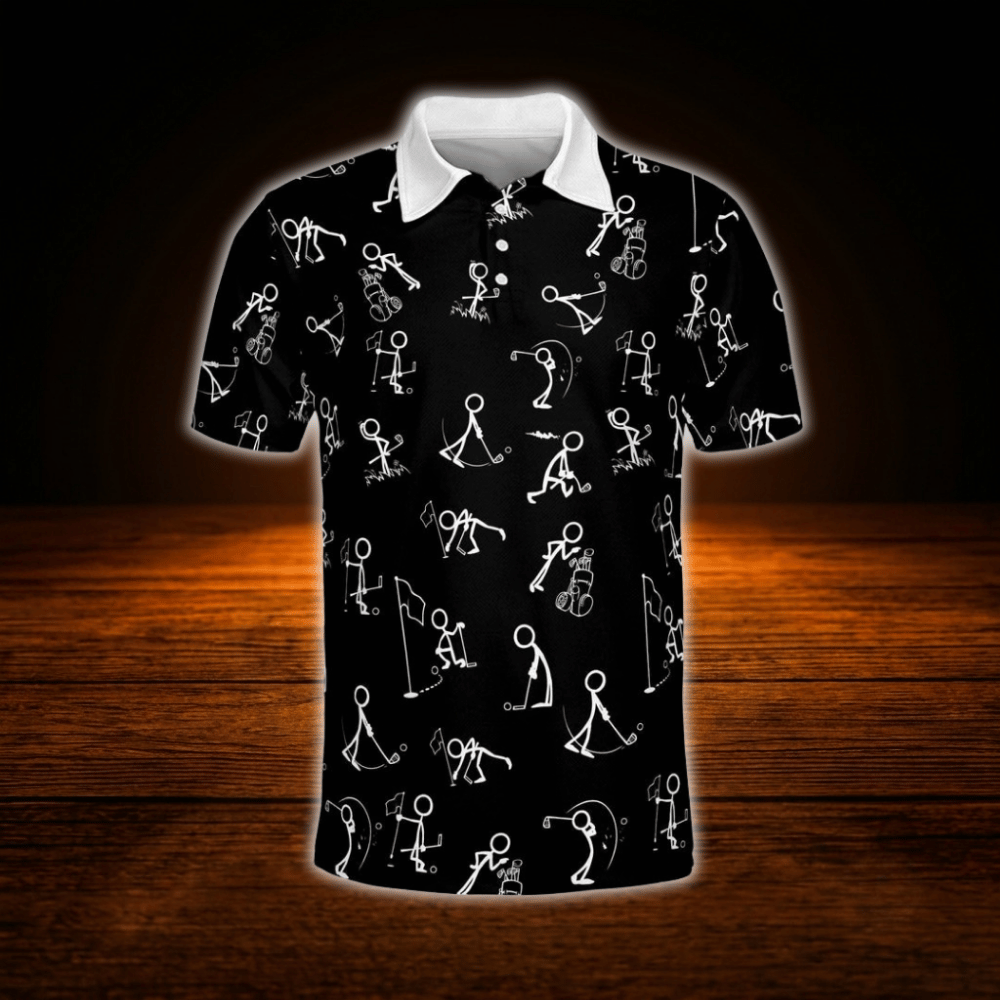 Black Stickfigures Mens Golf Polo Shirts, Funny Golf Shirts