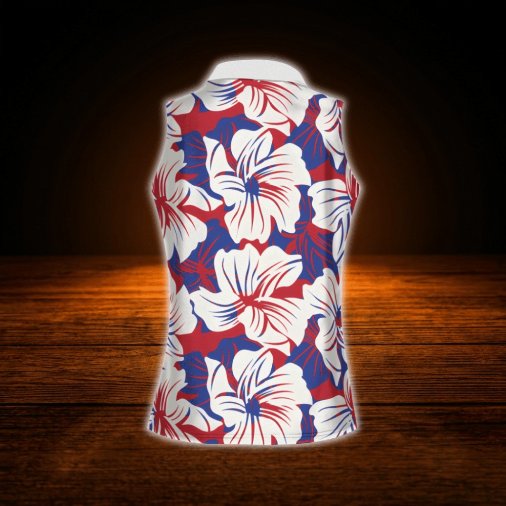 Red White And Blue Hibiscus Sleeveless Golf Shirt For Women, Floral 4th Of July Golf Shirt For Women