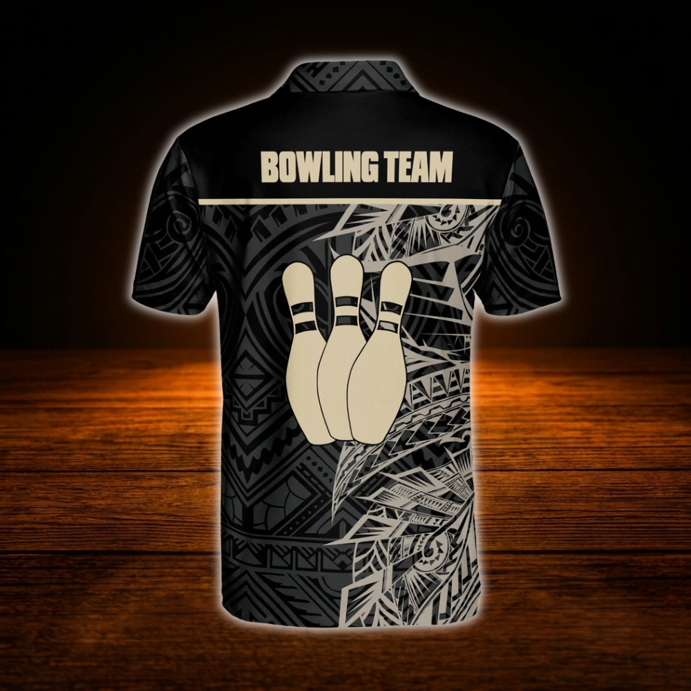 Custom Tribal Black Gold Bowling Polo Shirts For Men, Custom Tribal Bowling Team Shirts