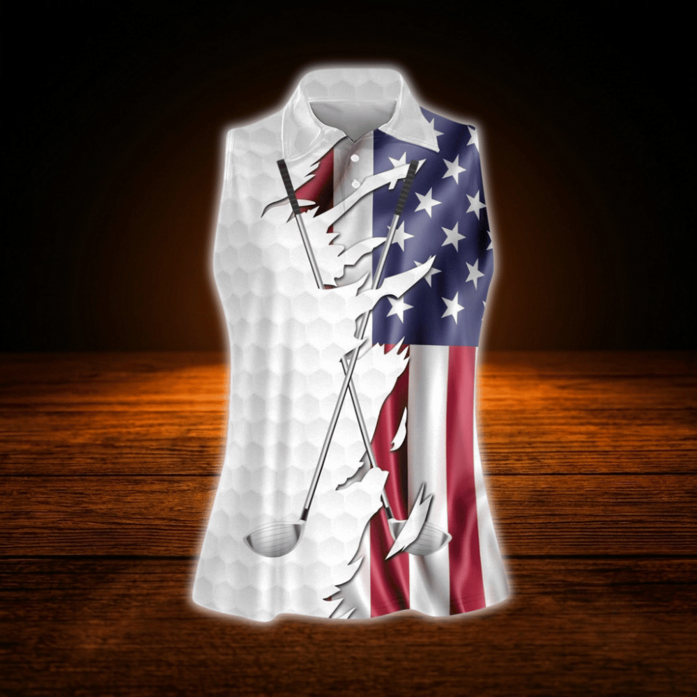 American Flag Ladies Golf Sleeveless Shirts, Patriotic Golf Shirts For Ladies