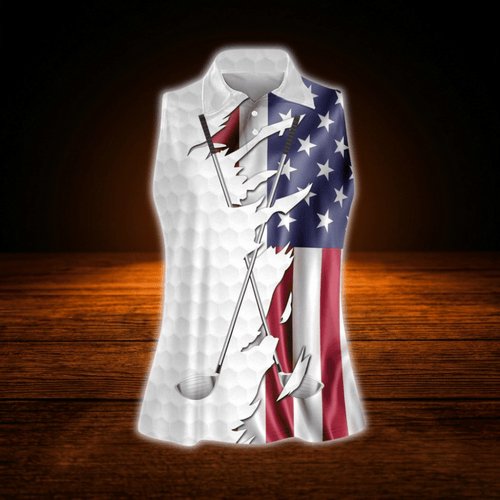 American Flag Ladies Golf Sleeveless Shirts, Patriotic Golf Shirts For Ladies